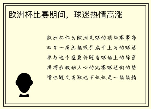 欧洲杯比赛期间，球迷热情高涨