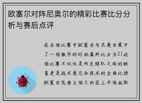 欧塞尔对阵尼奥尔的精彩比赛比分分析与赛后点评